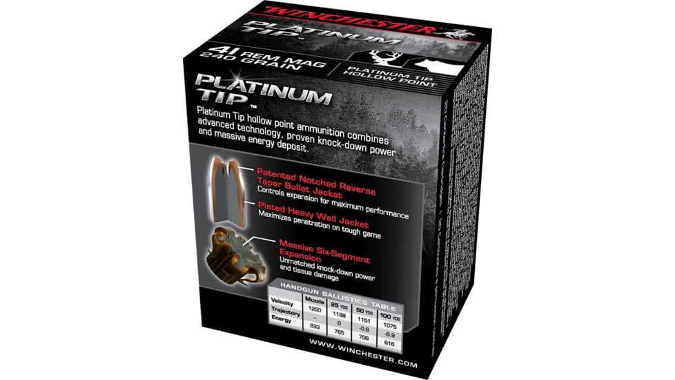 Winchester Platinum Tip Hollow Point .41 Remington Magnum 240 grain Platinum Tip Hollow Point Brass Cased Centerfire Pistol Ammo, 20 Rounds, S41PTHP