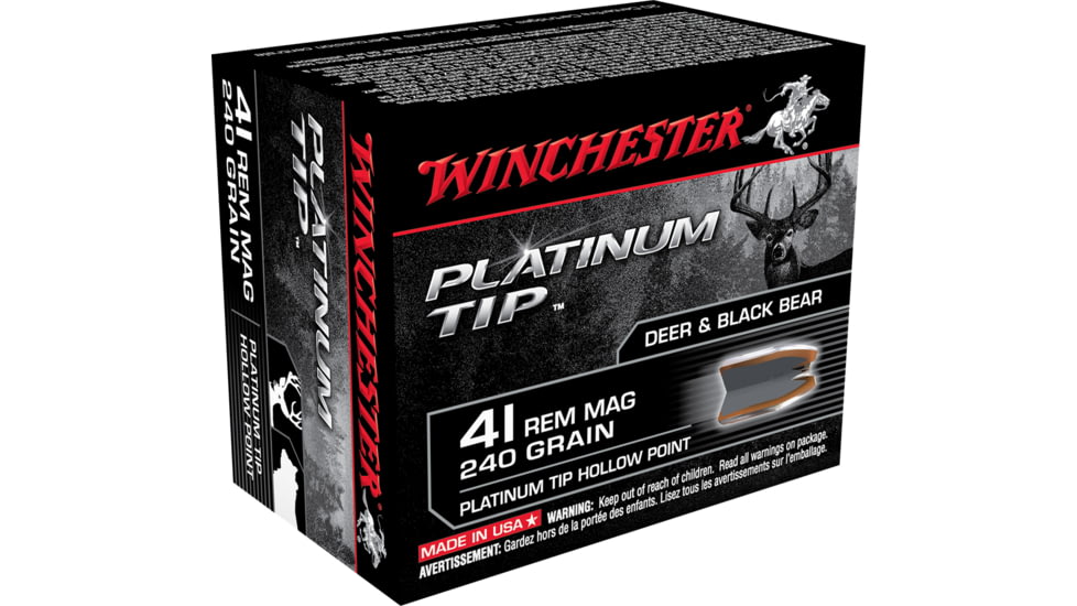 Winchester Platinum Tip Hollow Point .41 Remington Magnum 240 grain Platinum Tip Hollow Point Brass Cased Centerfire Pistol Ammo, 20 Rounds, S41PTHP