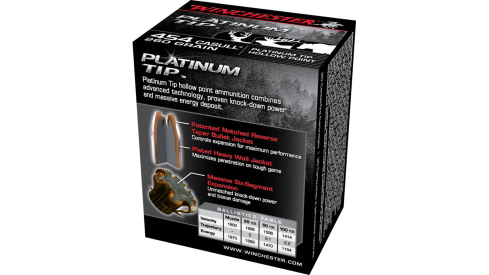 Winchester Platinum Tip Hollow Point .454 Casull 260 grain Platinum Tip Hollow Point Centerfire Pistol Ammo, 20 Rounds, S454PTHP