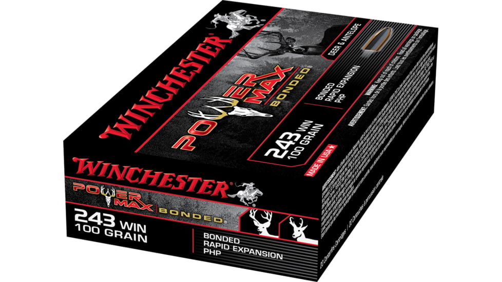 Winchester Power Max BondeD .243 Winchester 100 grain Bonded Rapid Expansion Protected Hollow Point Centerfire Rifle Ammo, 20 Rounds, X2432BP