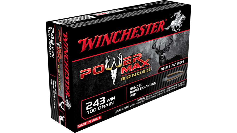 Winchester Power Max BondeD .243 Winchester 100 grain Bonded Rapid Expansion Protected Hollow Point Centerfire Rifle Ammo, 20 Rounds, X2432BP