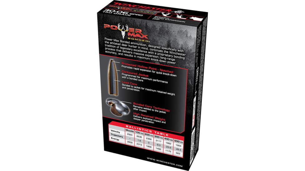 Winchester Power Max BondeD .30-06 Springfield 150 grain Notched Protected Hollow Point Brass Cased Centerfire Rifle Ammo, 20 Rounds, X30061BP