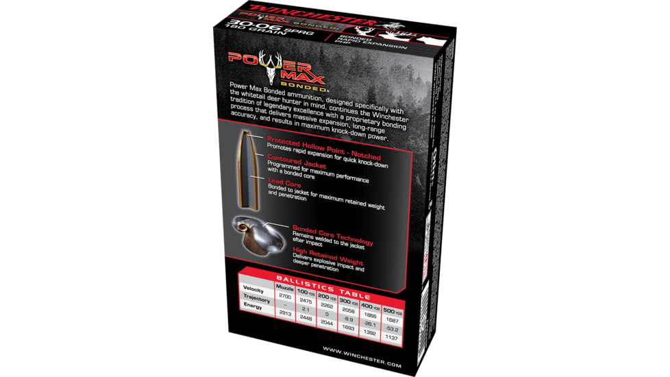 Winchester Power Max BondeD .30-06 Springfield 180 grain Notched Protected Hollow Point Brass Cased Centerfire Rifle Ammo, 20 Rounds, X30064BP