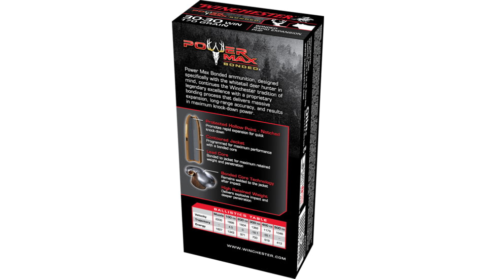 Winchester Power Max BondeD .30-30 Winchester 170 grain Bonded Rapid Expansion Protected Hollow Point Centerfire Rifle Ammo, 20 Rounds, X30303BP