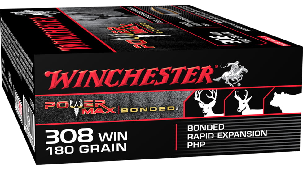 Winchester Power Max BondeD .308 Winchester 180 grain Bonded Rapid Expansion Protected Hollow Point Centerfire Rifle Ammo, 20 Rounds, X3086BP