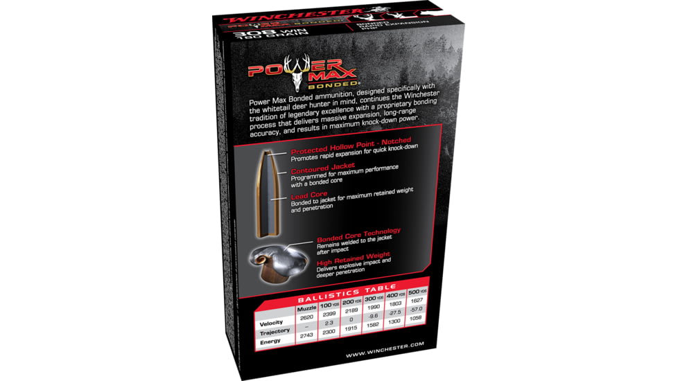 Winchester Power Max BondeD .308 Winchester 180 grain Bonded Rapid Expansion Protected Hollow Point Centerfire Rifle Ammo, 20 Rounds, X3086BP