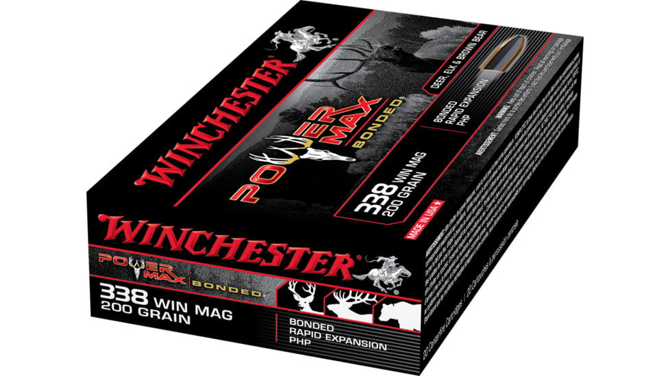 Winchester Power Max BondeD .338 Win Mag 200 grain Bonded Rapid Expansion Protected Hollow Point Brass Cased Centerfire Rifle Ammo, 20 Rounds, X3381BP