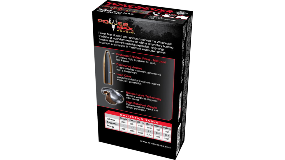 Winchester Power Max BondeD .338 Win Mag 200 grain Bonded Rapid Expansion Protected Hollow Point Brass Cased Centerfire Rifle Ammo, 20 Rounds, X3381BP