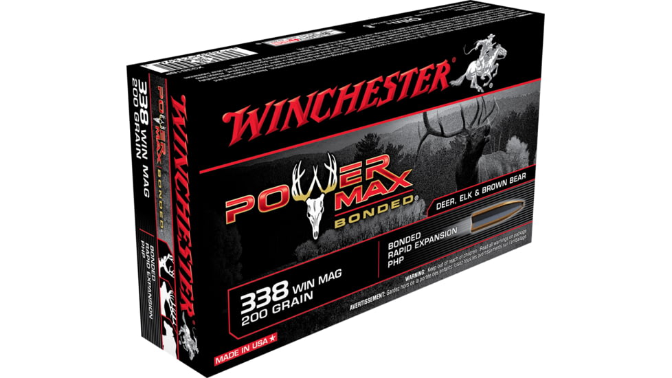 Winchester Power Max BondeD .338 Win Mag 200 grain Bonded Rapid Expansion Protected Hollow Point Brass Cased Centerfire Rifle Ammo, 20 Rounds, X3381BP