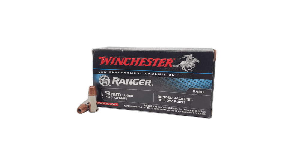 Winchester Ranger 9mm 147 Grain BJHP Brass Cased Centerfire Pistol Ammo, WINCRA9B
