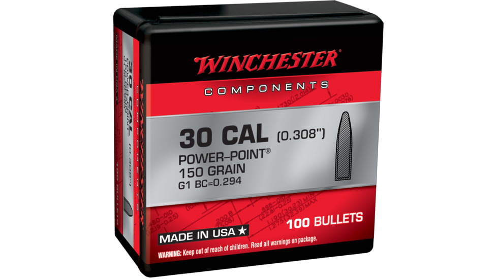 Winchester Rifle Bullets, 30 Cal, .308, 150 Grain, Power-Point, 100 Bullets, WB30PP150X-308CAL