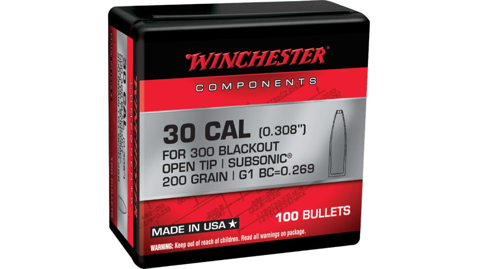 Winchester Rifle Bullets, 300 Blackout, 200 Grain, Open Tip, 100 Bullets, WB300B200X