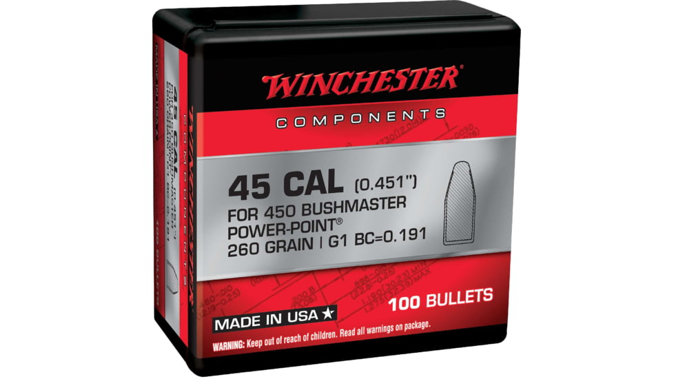 Winchester Rifle Bullets, 450 Bushmaster, 260 Grain, Power-Point, 100 Bullets, WB450P260X