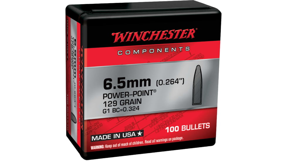 Winchester Rifle Bullets, 6.5 Creedmoor, 129 Grain, Power-Point, 100 Bullets, WB65PP129X
