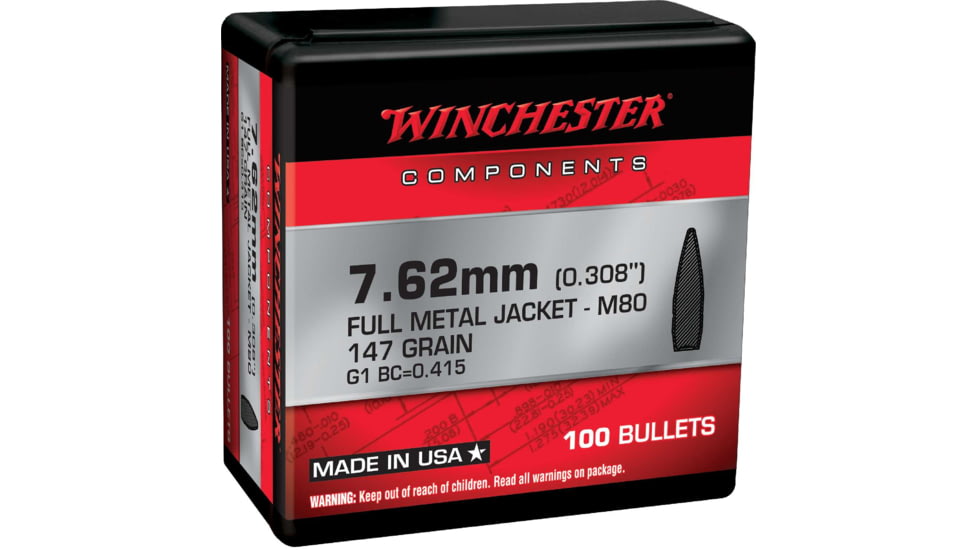 Winchester Rifle Bullets, 7.62 Bullets, 147 Grain, Full Metal Jacket, 100 Bullets, WB762147NX