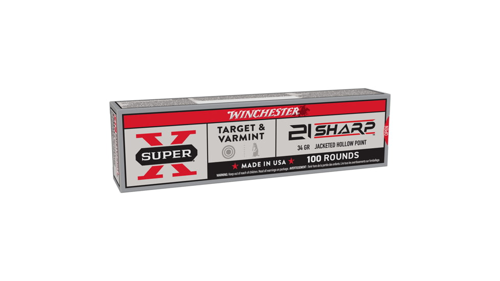 Winchester Super X .21 Sharp 34 Grain Jacketed Hollow Point Brass Cased Rimfire Ammo, 100 Rounds, X21JHP