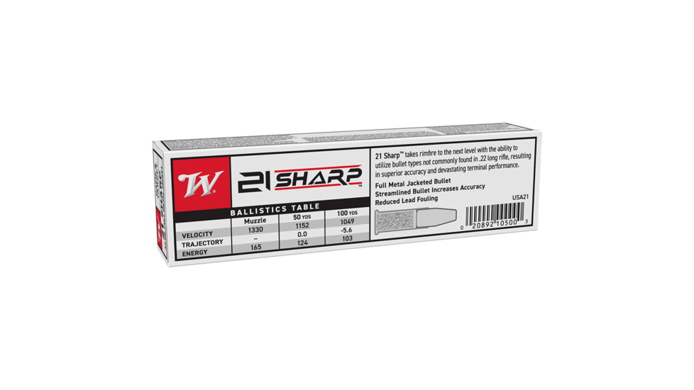 Winchester 21 Sharp 42 Grain FMJ Rimfire Ammo, 100 Round, USA21