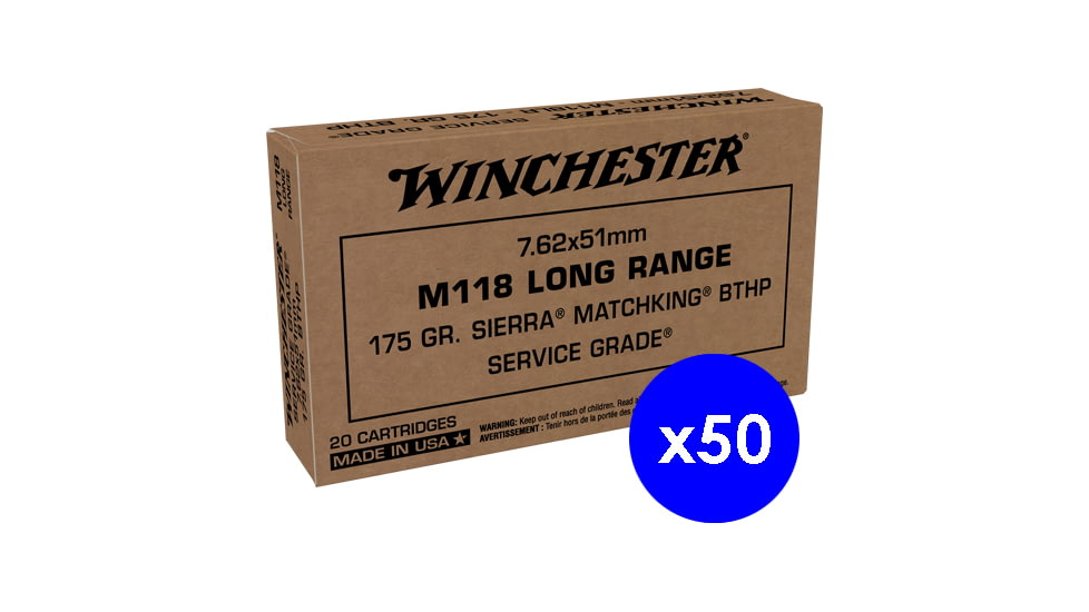 Winchester Service Grade 7.62x51mm NATO 175 Grain Long Range Sierra MatchKing Boat Tail Hollow Point Brass Centerfire Rifle Ammo, 1000 Rounds