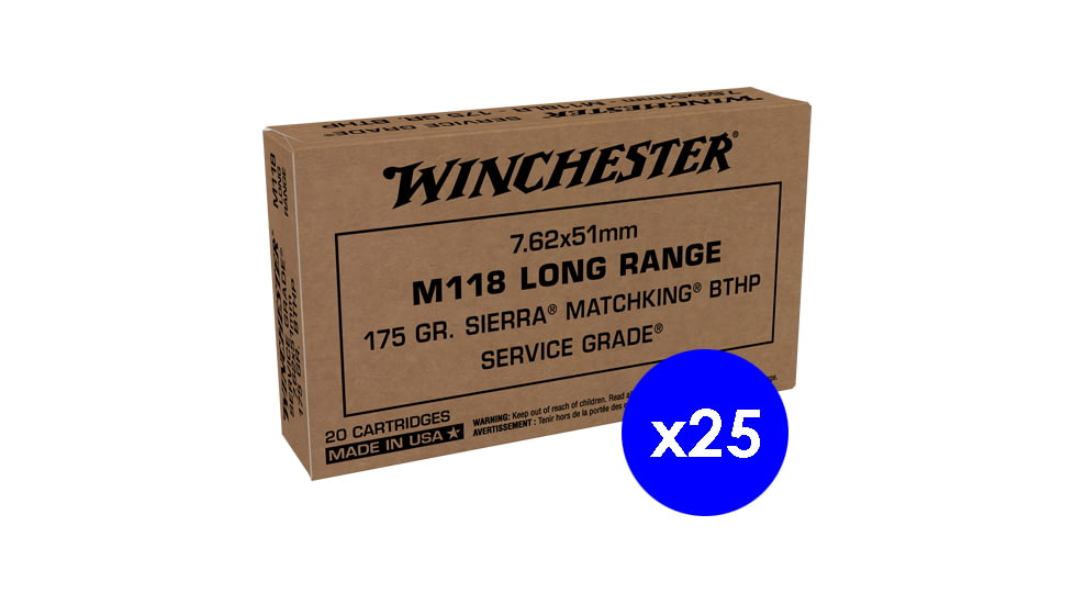Winchester Service Grade 7.62x51mm NATO 175 Grain Long Range Sierra MatchKing Boat Tail Hollow Point Brass Centerfire Rifle Ammo, 500 Rounds