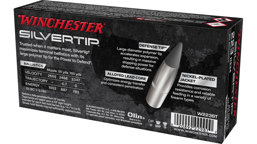 Winchester Silvertip Centerfire .223 Rem 64 Grain Defense Tip NPJ Rifle Ammo, 20 Round, W223ST