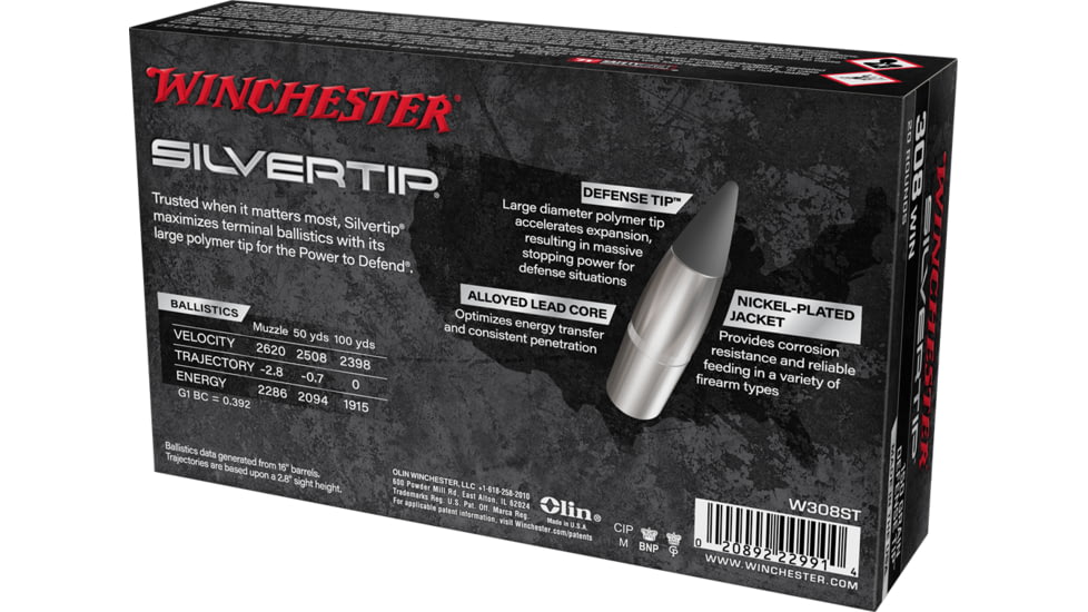 Winchester Silvertip Centerfire .308 Win. 150 Grain Defense Tip NPJ Rifle Ammo, 20 Round, W308ST