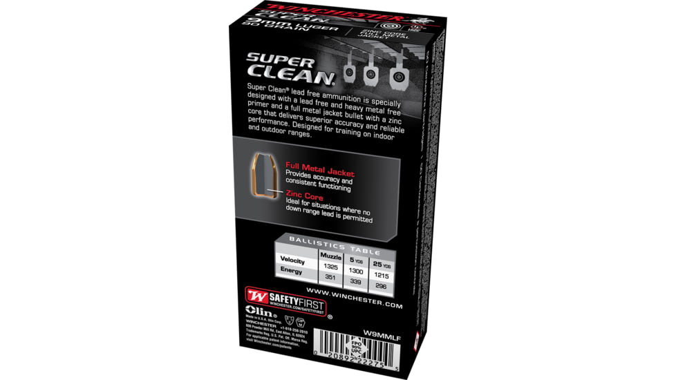 Winchester Super Clean 9 mm Luger 90 grain Full Metal Jacket Centerfire Pistol Ammo, 50 Rounds, W9MMLF