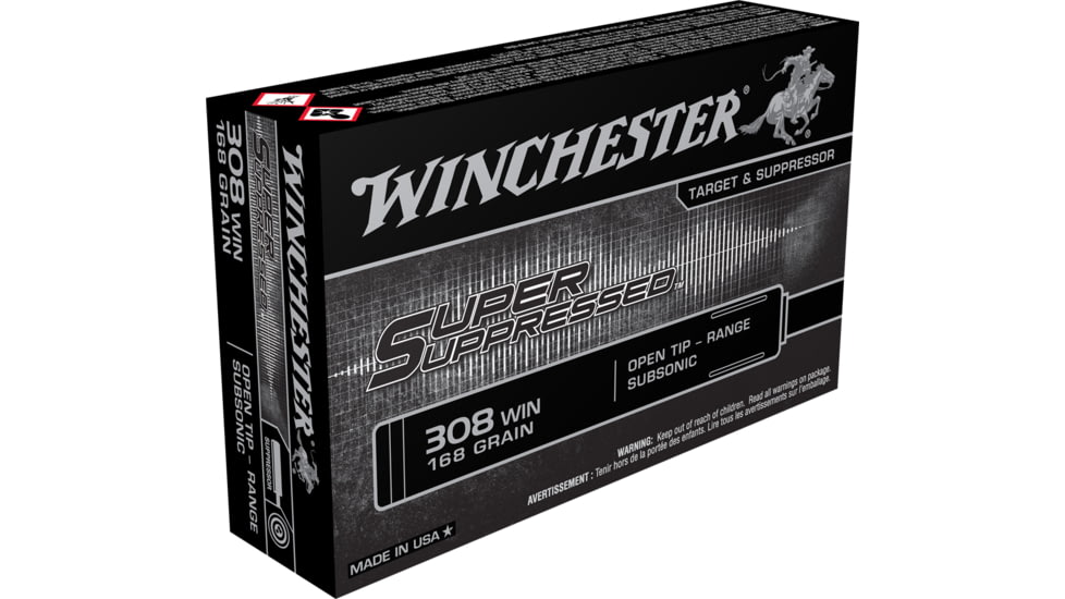 Winchester Super Suppressed .308 Winchester 168 grain Subsonic Open Tip Range Centerfire Rifle Ammo, 20 Rounds, SUP308