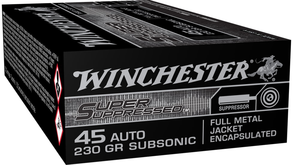Winchester Super Suppressed .45 ACP 230 grain Full Metal Jacket Centerfire Pistol Ammo, 50 Rounds, SUP45