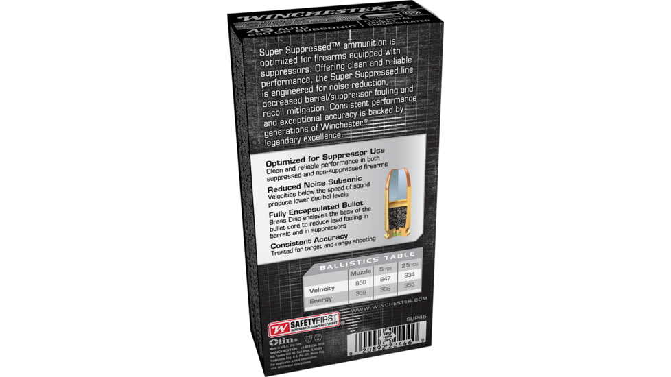 Winchester Super Suppressed .45 ACP 230 grain Full Metal Jacket Centerfire Pistol Ammo, 50 Rounds, SUP45