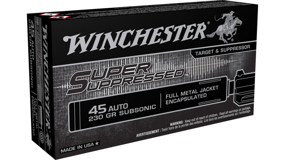 Winchester Super Suppressed .45 ACP 230 grain Full Metal Jacket Centerfire Pistol Ammo, 50 Rounds, SUP45