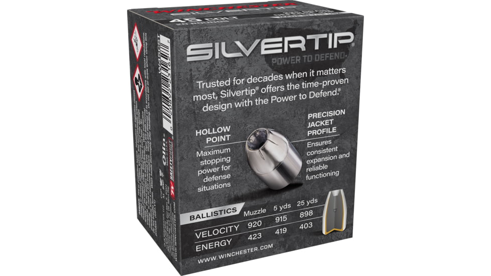 Winchester Super-X .45 Colt 225 Grain Silvertip Jacketed Hollow Point Centerfire Pistol Ammo, 20 Rounds, W45CST