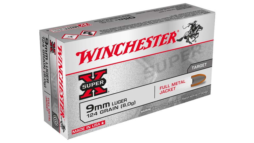 Winchester Super-X 9mm Luger 124 Grain Full Metal Jacket Brass Cased Pistol Amm, 50 Rounds, W9MM124