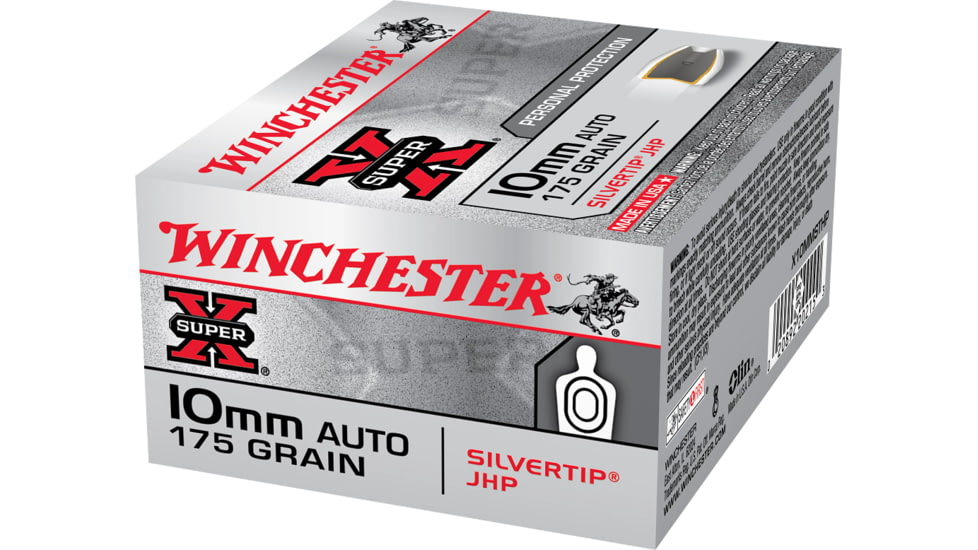 Winchester Super-X HANDGUN 10mm Auto 175 grain Silvertip Jacketed Hollow Point Brass Cased Centerfire Pistol Ammo, 20 Rounds, X10MMSTHP