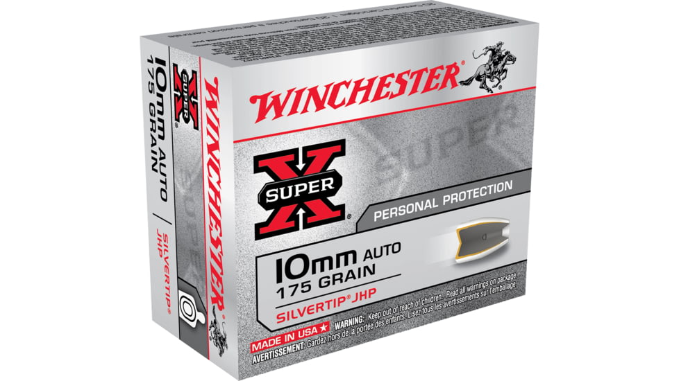 Winchester Super-X HANDGUN 10mm Auto 175 grain Silvertip Jacketed Hollow Point Brass Cased Centerfire Pistol Ammo, 20 Rounds, X10MMSTHP