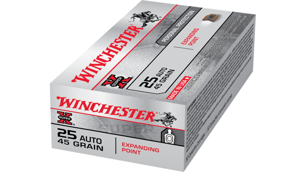 Winchester Super-X HANDGUN .25 ACP 45 grain Expanding Point Brass Cased Centerfire Pistol Ammo, 50 Rounds, X25AXP