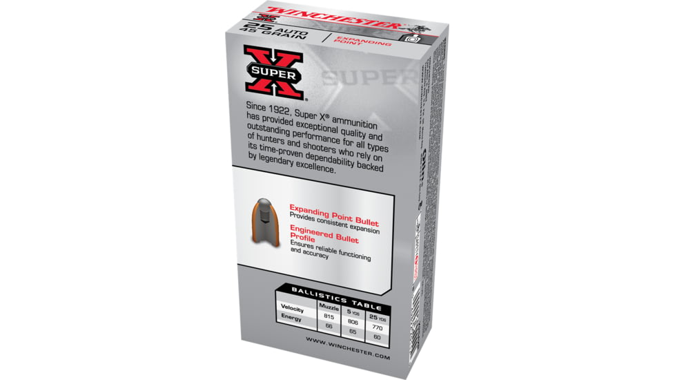 Winchester Super-X HANDGUN .25 ACP 45 grain Expanding Point Brass Cased Centerfire Pistol Ammo, 50 Rounds, X25AXP