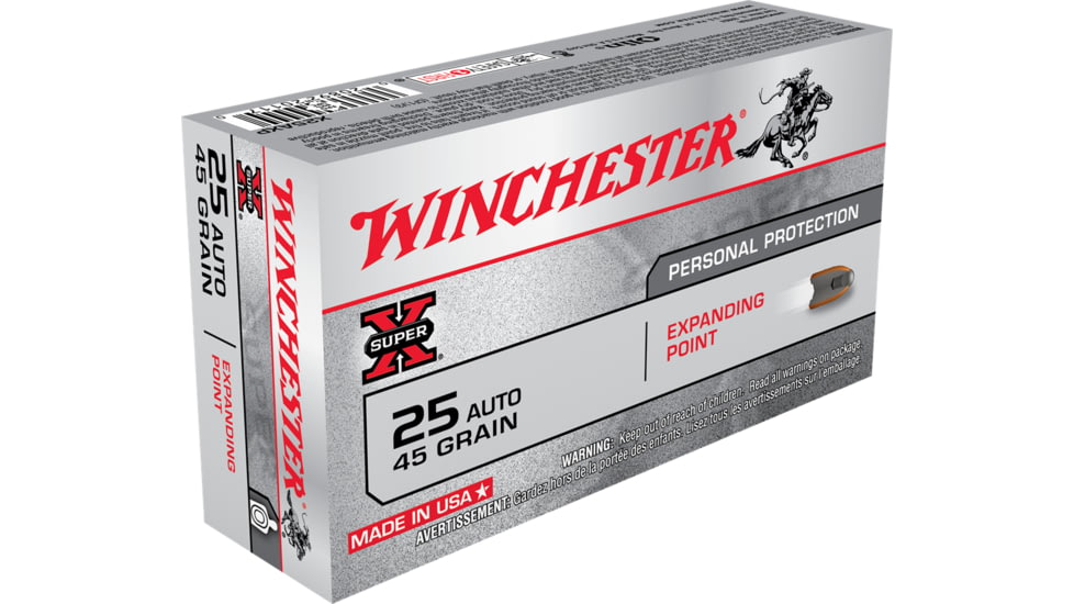 Winchester Super-X HANDGUN .25 ACP 45 grain Expanding Point Brass Cased Centerfire Pistol Ammo, 50 Rounds, X25AXP