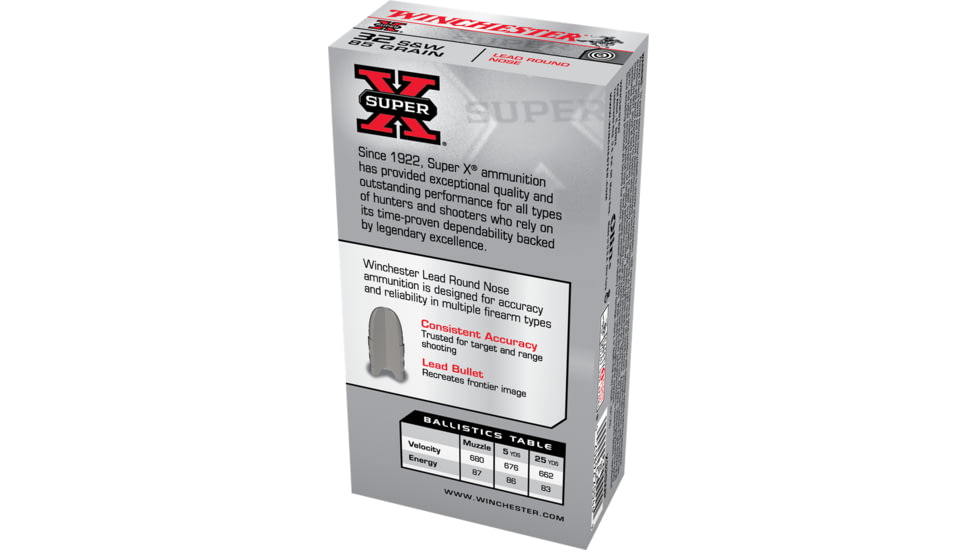Winchester Super-X HANDGUN .32 S&amp;W 85 grain Lead Round Nose Brass Cased Centerfire Pistol Ammo, 50 Rounds, X32SWP