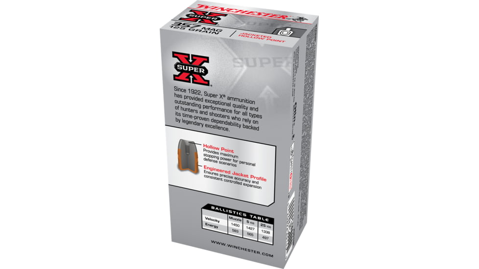 Winchester Super-X HANDGUN .357 Magnum 125 grain Jacketed Hollow Point Centerfire Pistol Ammo, 50 Rounds, X3576P
