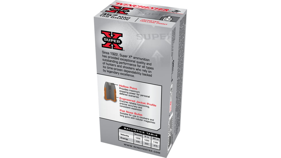 Winchester Super-X HANDGUN .357 Magnum 158 grain Jacketed Hollow Point Brass Cased Centerfire Pistol Ammo, 50 Rounds, X3574P