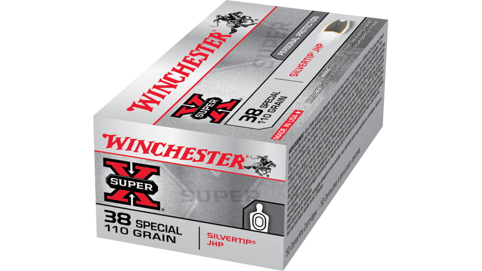 Winchester Super-X HANDGUN .38 Special 110 grain Silvertip Jacketed Hollow Point Brass Cased Centerfire Pistol Ammo, 50 Rounds, X38S9HP