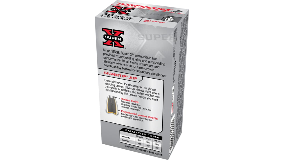 Winchester Super-X HANDGUN .38 Special 110 grain Silvertip Jacketed Hollow Point Brass Cased Centerfire Pistol Ammo, 50 Rounds, X38S9HP