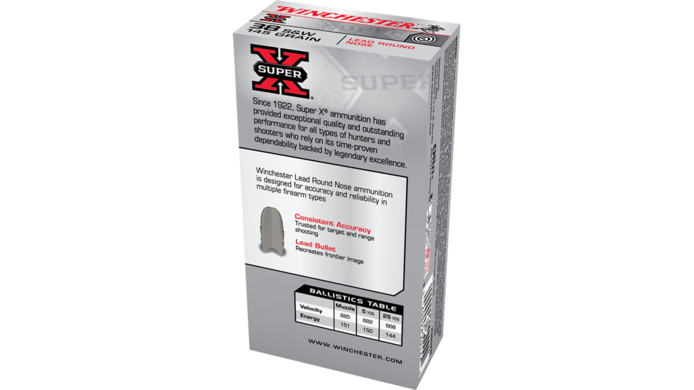 Winchester Super-X HANDGUN .38 Special 145 grain Lead Round Nose Brass Cased Centerfire Pistol Ammo, 50 Rounds, X38SWP