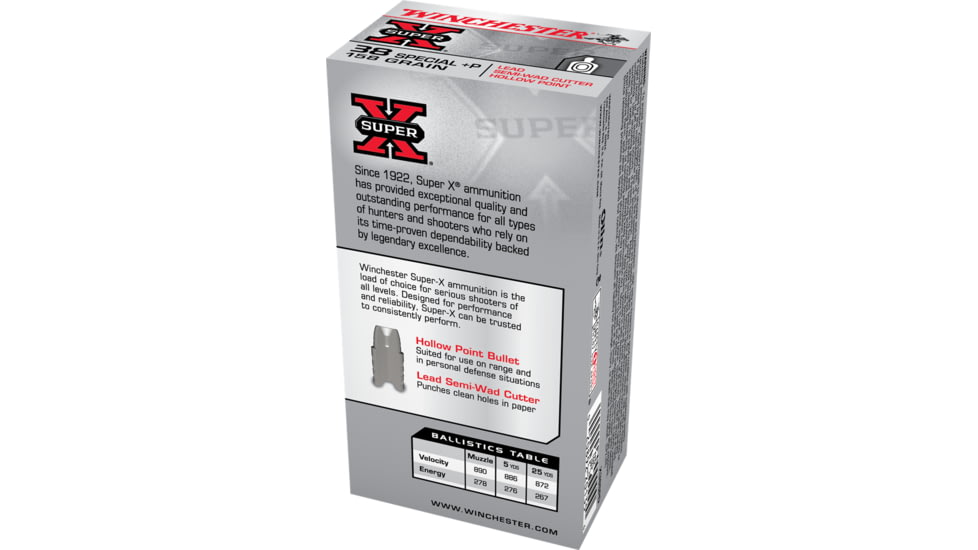 Winchester Super-X HANDGUN .38 Special +P 158 grain Semi-Wadcutter Hollow Point Centerfire Pistol Ammo, 50 Rounds, X38SPD