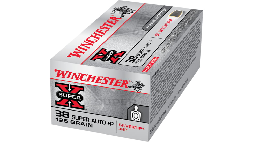 Winchester Super-X HANDGUN .38 Super +P 125 grain Silvertip Jacketed Hollow Point Brass Cased Centerfire Pistol Ammo, 50 Rounds, X38ASHP