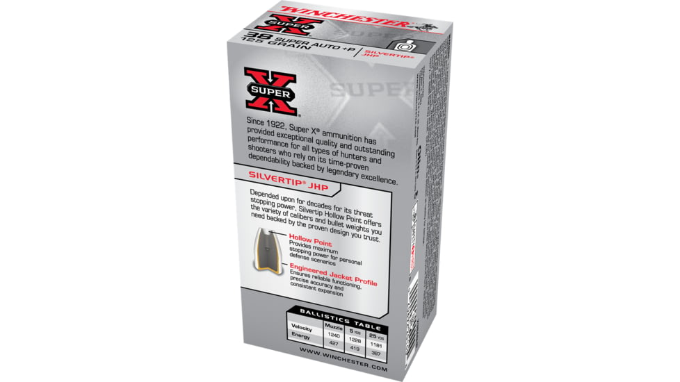 Winchester Super-X HANDGUN .38 Super +P 125 grain Silvertip Jacketed Hollow Point Brass Cased Centerfire Pistol Ammo, 50 Rounds, X38ASHP
