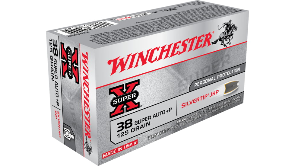 Winchester Super-X HANDGUN .38 Super +P 125 grain Silvertip Jacketed Hollow Point Brass Cased Centerfire Pistol Ammo, 50 Rounds, X38ASHP