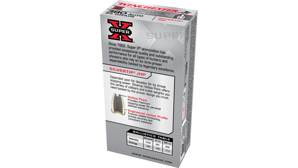 Winchester Super-X HANDGUN .380 ACP 85 grain Silvertip Jacketed Hollow Point Brass Cased Centerfire Pistol Ammo, 50 Rounds, X380ASHP