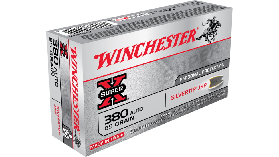Winchester Super-X HANDGUN .380 ACP 85 grain Silvertip Jacketed Hollow Point Brass Cased Centerfire Pistol Ammo, 50 Rounds, X380ASHP