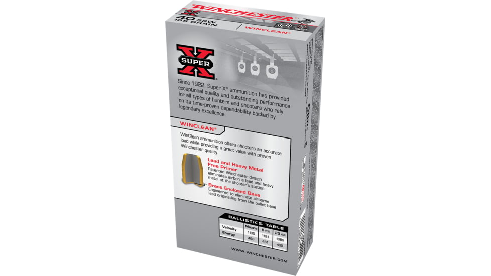 Winchester Super-X HANDGUN .40 S&amp;W 165 grain WinClean Enclosed Base Centerfire Pistol Ammo, 50 Rounds, WC401